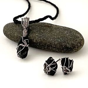 3/$40 Handcrafted Black Obsidian Spiderweb Earring & Necklace Set